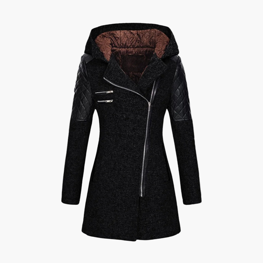 Women's Hooded Tweed Coat with Faux Leather Trim – Elegant Winter Outerwear