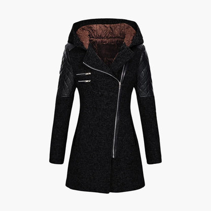 Women's Hooded Tweed Coat with Faux Leather Trim – Elegant Winter Outerwear