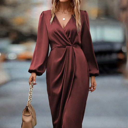 Elegant Women's V-Neck Satin Maxi Dress with Long Bell Sleeves and Front Slit for Summer