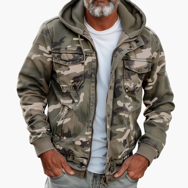Men's Outdoor Cargo Jacket Urban Camouflage Style with Hood