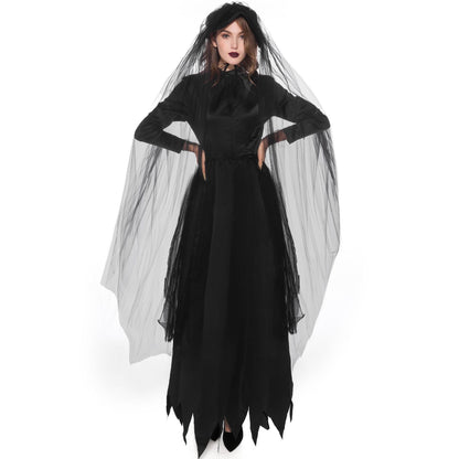 Women's Halloween Gothic Ghost Bride Costume Dress with Veil - Spooky Party Outfit