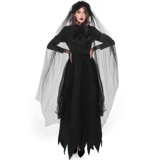 Women's Halloween Gothic Ghost Bride Costume Dress with Veil - Spooky Party Outfit