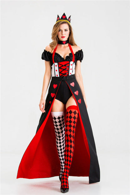 Women's Halloween Queen of Hearts Costume Dress with Crown and Socks - Party Cosplay Outfit