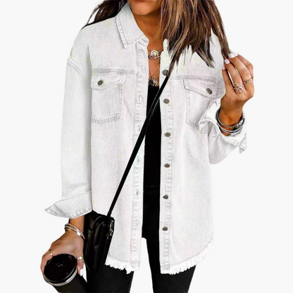Women's Casual Button-Down Denim Jacket with Relaxed Fit and Frayed Hem