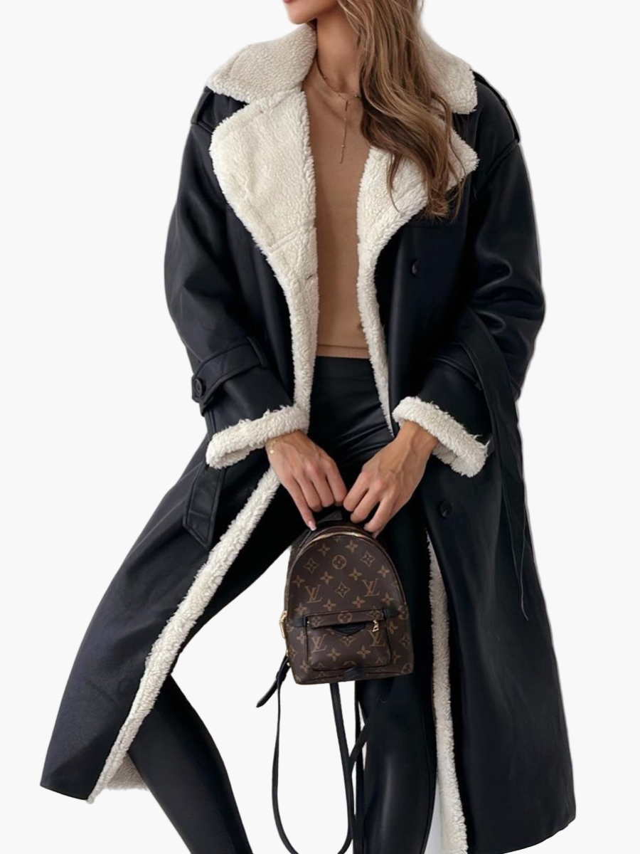 Women's Elegant Long Coat with Plush Collar – Stylish Winter Outerwear
