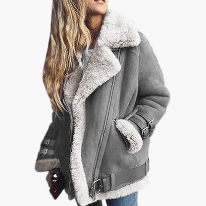 Women's Elegant Winter Suede Faux Fur Jacket – Fashionable and Warm Outerwear