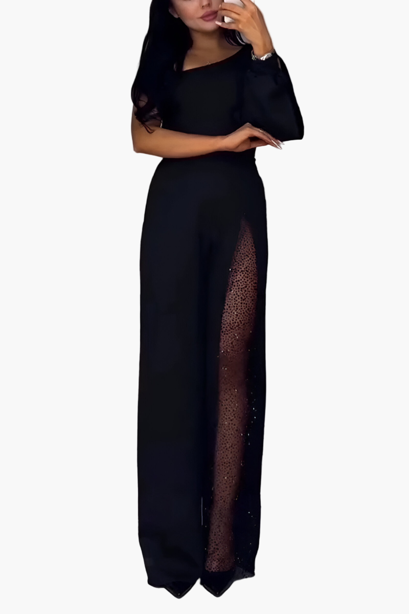 Women's Elegant One-Shoulder Wide Leg Jumpsuit with Sheer Panel – Modern Party & Evening Wear