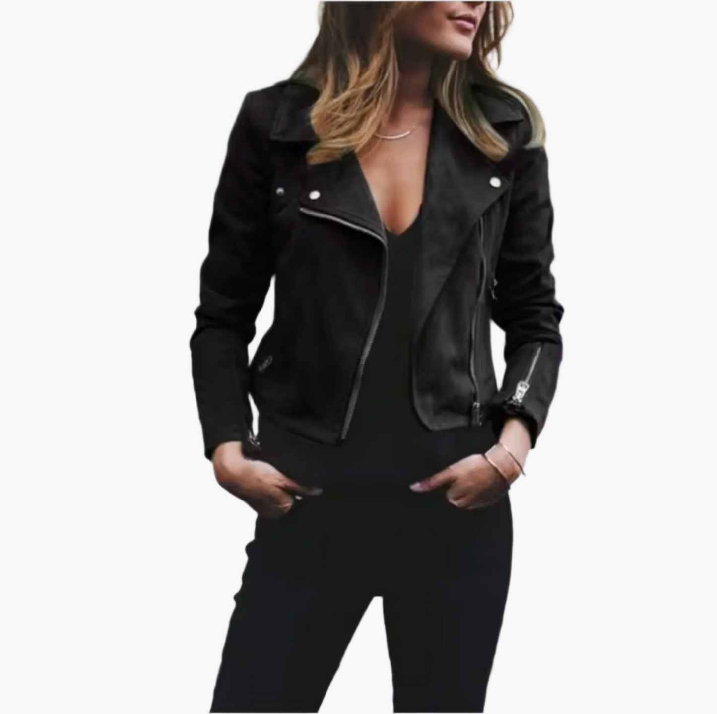 Women's Cropped Suede Biker Jacket – Modern Fitted Moto Style for Casual and Streetwear