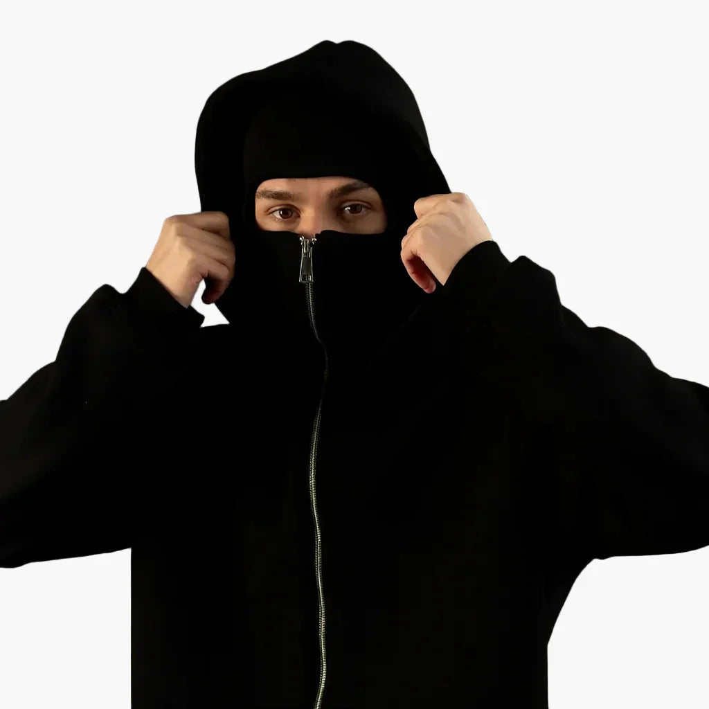 Men's Minimalist Full Zip Hoodie with Integrated Mask – Urban Streetwear Style