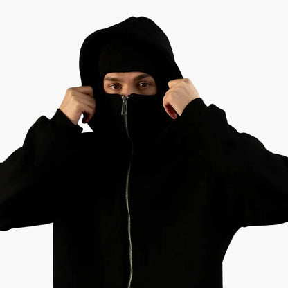 Men's Minimalist Full Zip Hoodie with Integrated Mask – Urban Streetwear Style
