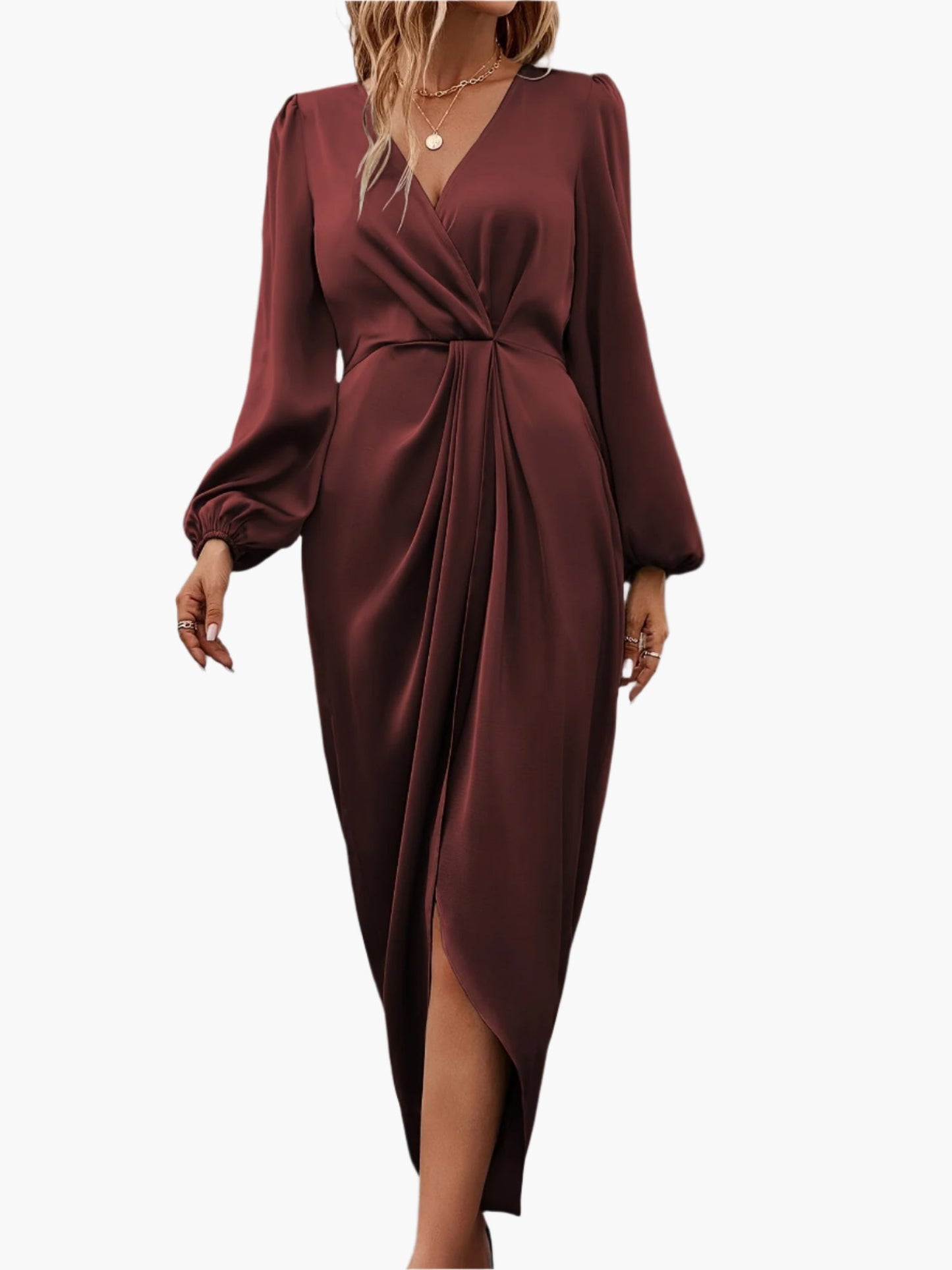 Women’s Draped Wrap Midi Dress with Long Sleeves