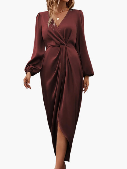 Women’s Draped Wrap Midi Dress with Long Sleeves