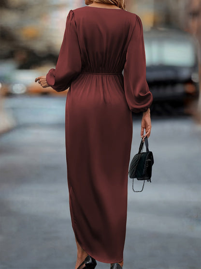 Women’s Draped Wrap Midi Dress with Long Sleeves