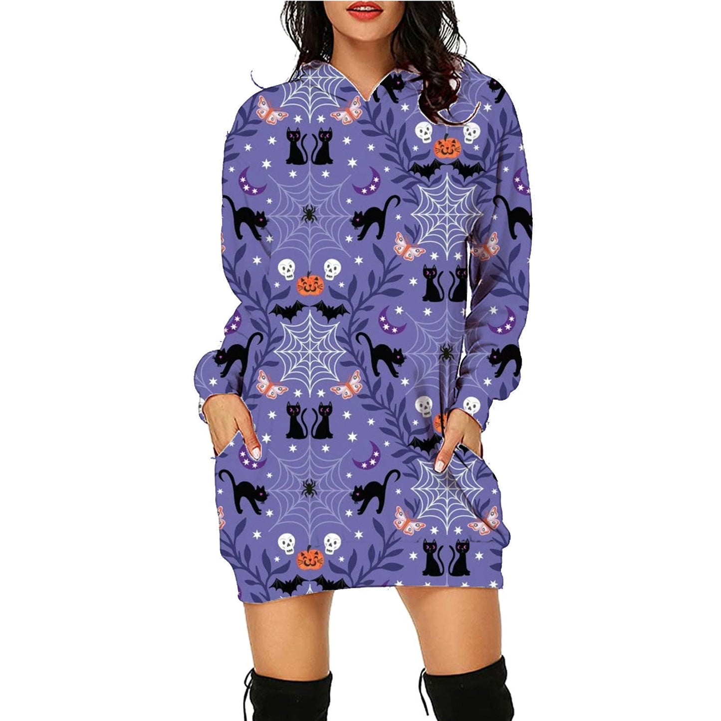 Women's Halloween Hooded Sweatshirt Dress – Fun Printed Costume & Party Wear