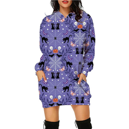 Women's Halloween Hooded Sweatshirt Dress – Fun Printed Costume & Party Wear