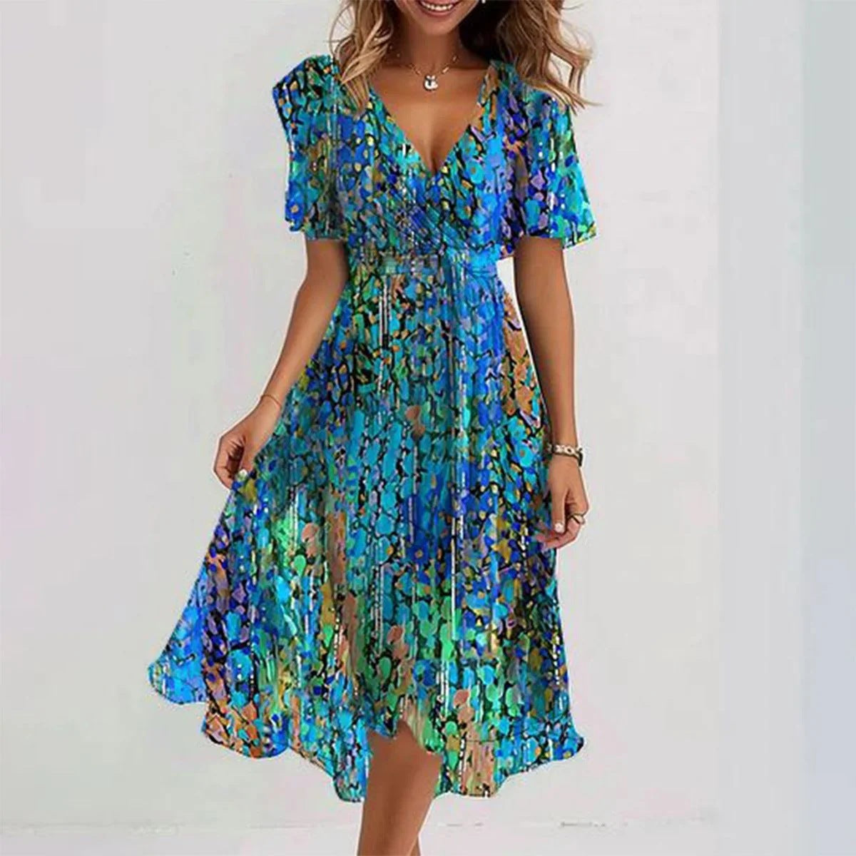 Women’s Elegant Flutter Sleeve Midi Dress with Wrap Front