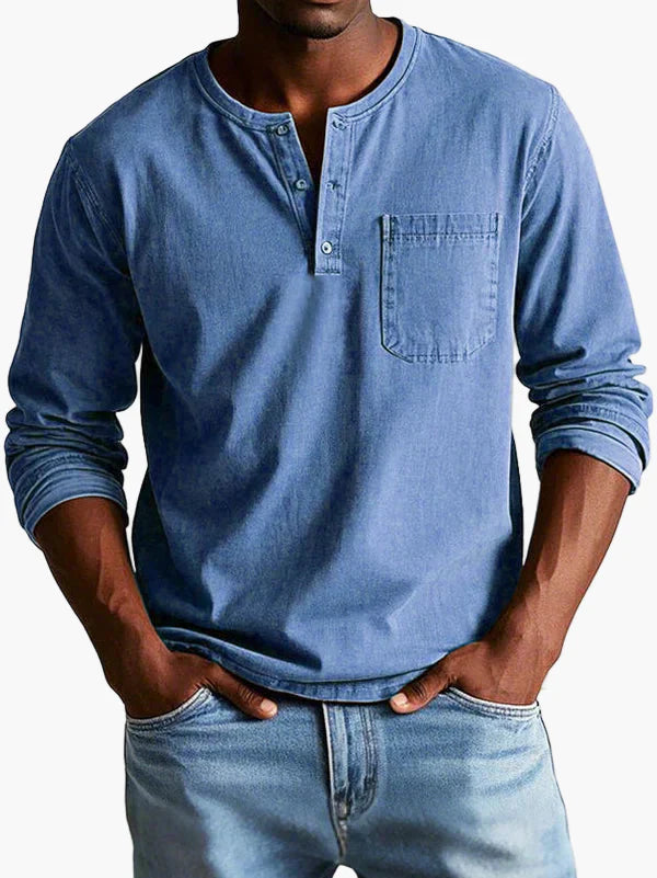 Men's Vintage Long Sleeve Henley Shirt Casual Classic Style