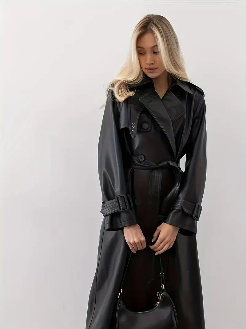 Women's Elegant Long Trench Coat with Double-Breasted Closure and Waist Belt - Stylish Outerwear for Casual, Business, and Evening Wear