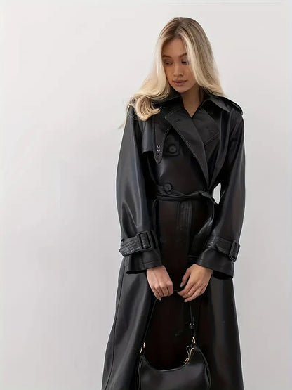 Women's Elegant Long Trench Coat with Double-Breasted Closure and Waist Belt - Stylish Outerwear for Casual, Business, and Evening Wear