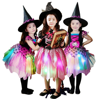Girls' Halloween Witch Costume Set for Kids – Magical Dress Up Outfit with Hat, Wand, and Bag – Perfect for Trick-or-Treating & Parties