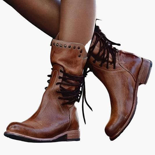 Women's Vintage Lace-Up Leather Boots with Studded Detail for Everyday Adventure