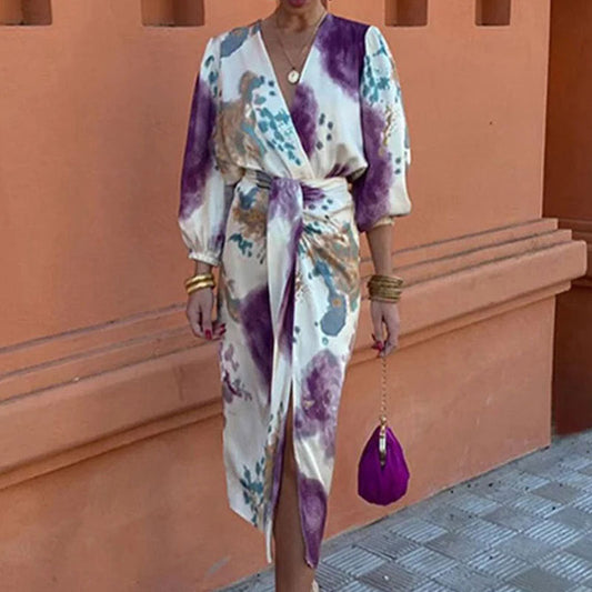 Katy – Chic V-neck Long Sleeve Slit Midi Dress Two-piece Suit