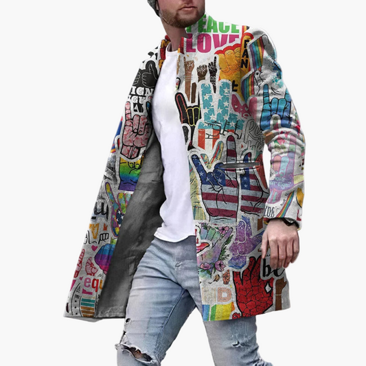 Men's Statement Graphic Print Long Coat – Modern Urban Fashion Outerwear