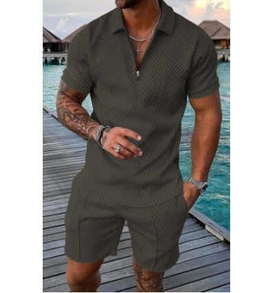 Men’s Casual Zip Polo & Shorts Set for Summer Outings