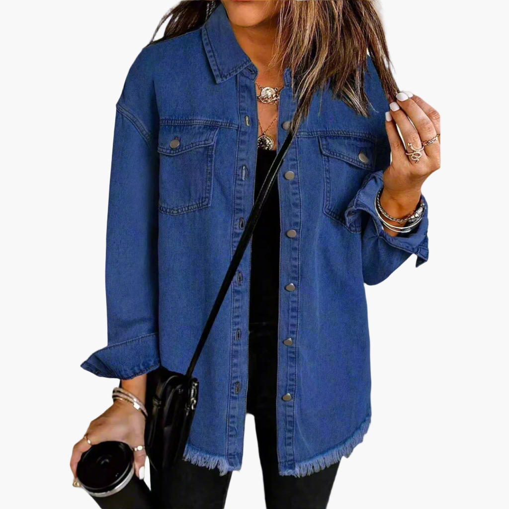 Women's Casual Button-Down Denim Jacket with Relaxed Fit and Frayed Hem