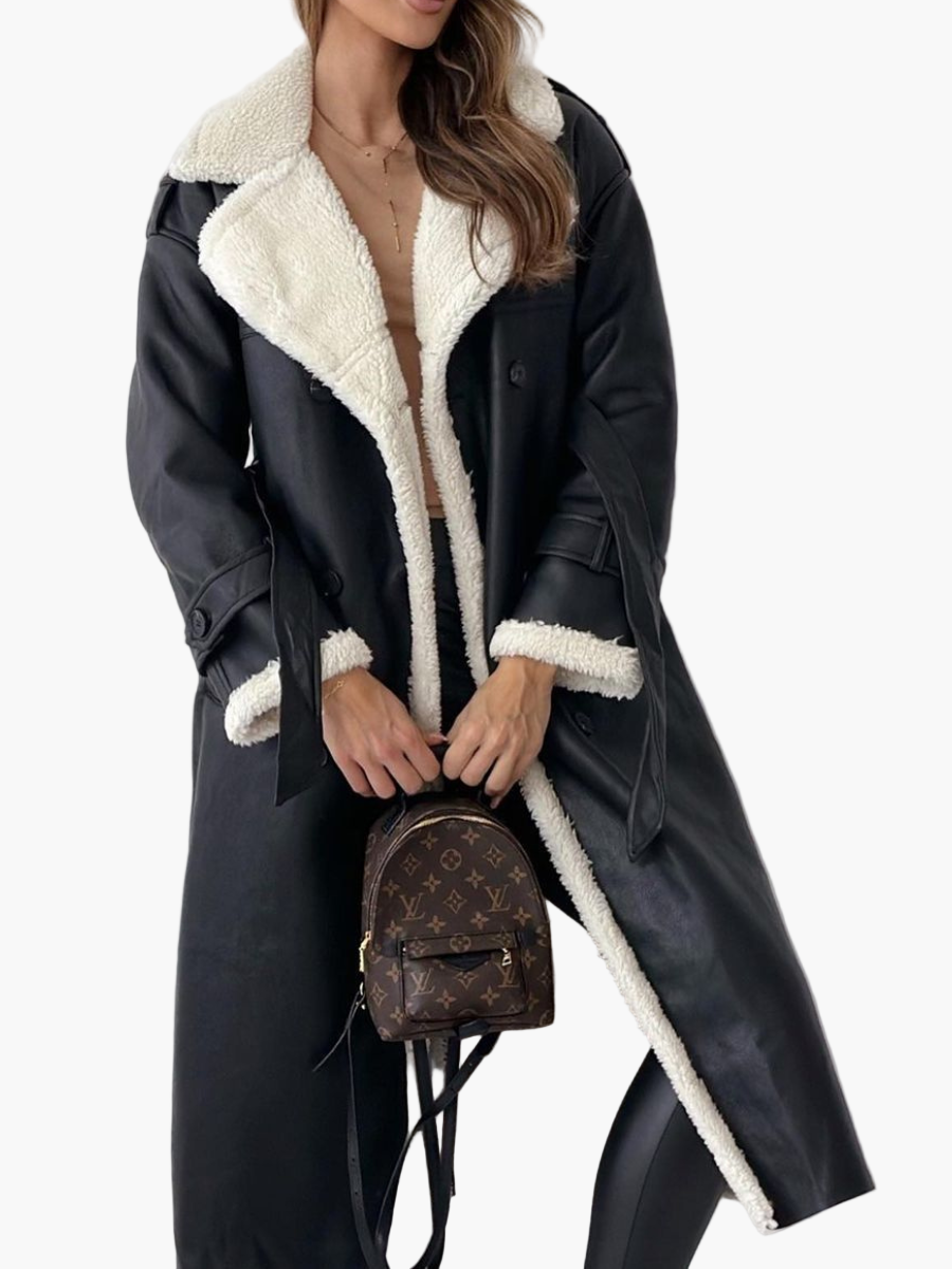 Women's Elegant Long Coat with Plush Collar – Stylish Winter Outerwear