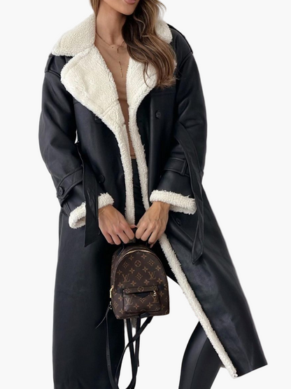 Women's Elegant Long Coat with Plush Collar – Stylish Winter Outerwear