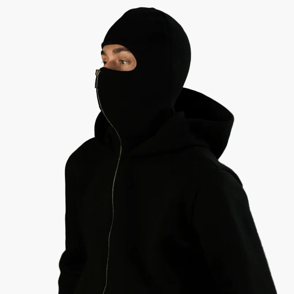 Men's Minimalist Full Zip Hoodie with Integrated Mask – Urban Streetwear Style