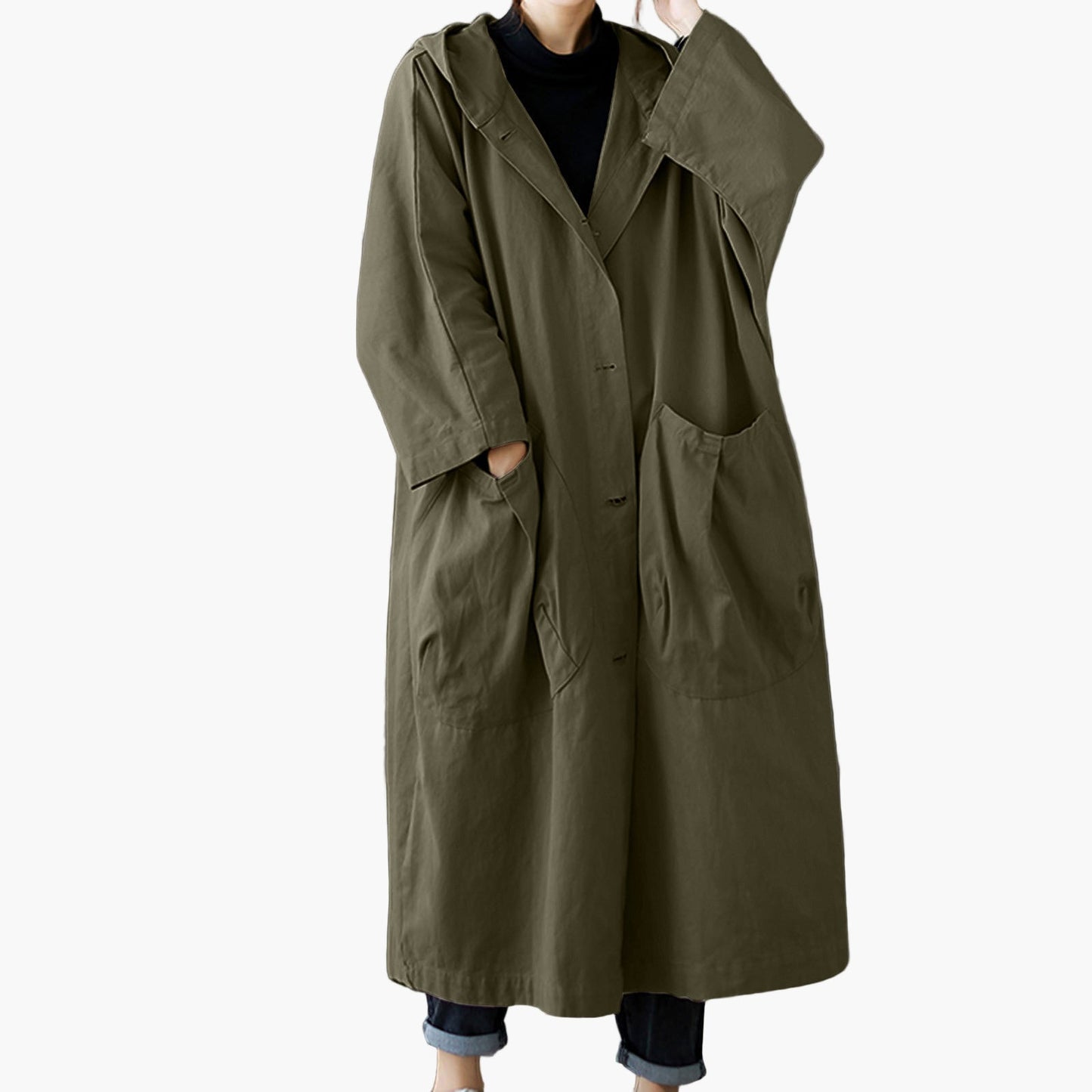 Women's Oversized Windproof Trench Coat with Hood and Large Pockets – Casual Elegant Outerwear