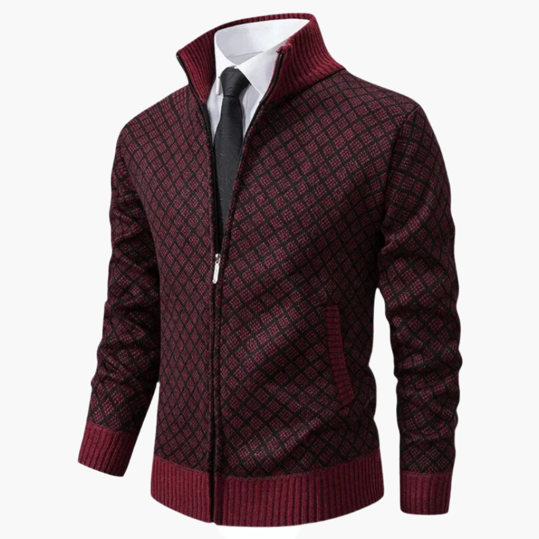 Men's Modern Business Casual Knit Zip-Up Jacket – Diamond Pattern Sweater Blazer