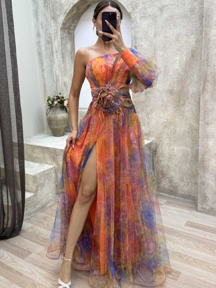 Women’s One-Shoulder Evening Gown – Elegant High-Slit Floral Design