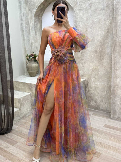 Women’s One-Shoulder Evening Gown – Elegant High-Slit Floral Design
