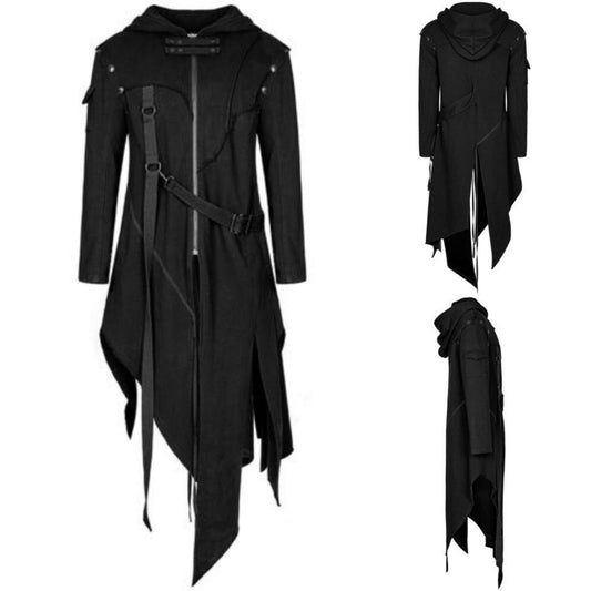Men's Halloween Gothic Hooded Long Coat Costume - Asymmetrical Vintage Style for Parties & Cosplay