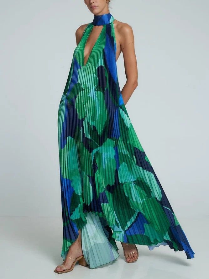 Women’s Halter Neck Pleated Maxi Dress – Bold Statement for Special Occasions