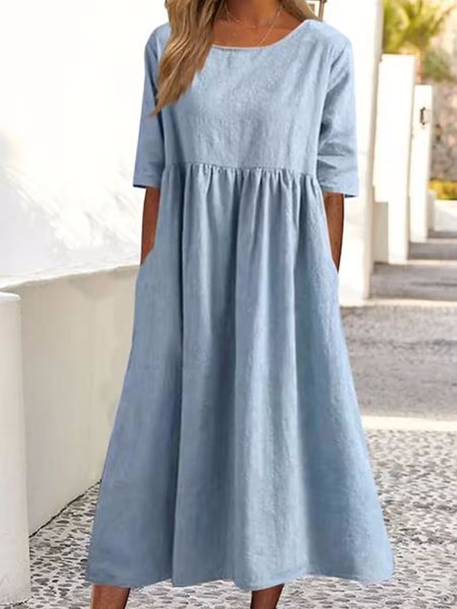 Katy – Fashion Casual Cotton Linen Short Sleeve Pocket Dress
