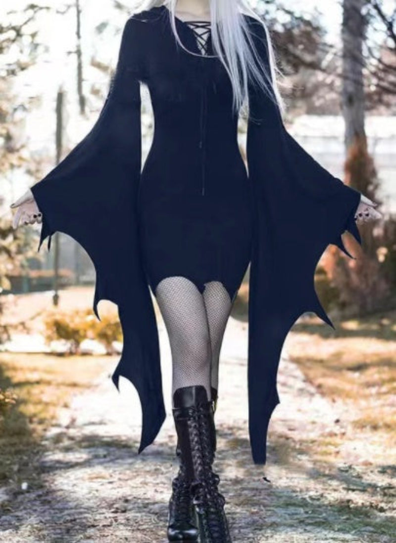 Women's Halloween Gothic Witch Bat Wing Costume Dress – Spooky Party & Cosplay Outfit