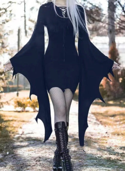 Women's Halloween Gothic Witch Bat Wing Costume Dress – Spooky Party & Cosplay Outfit