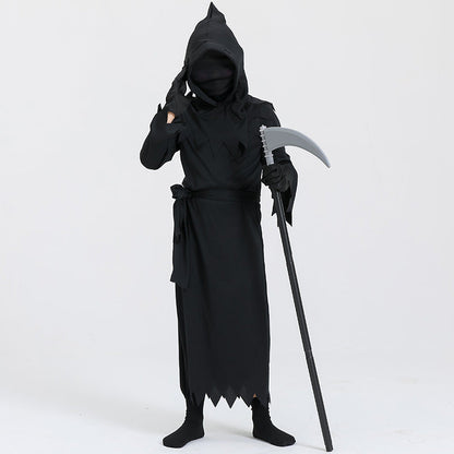 Kids' Halloween Grim Reaper Costume with Sickle – Unisex Spooky Party Outfit