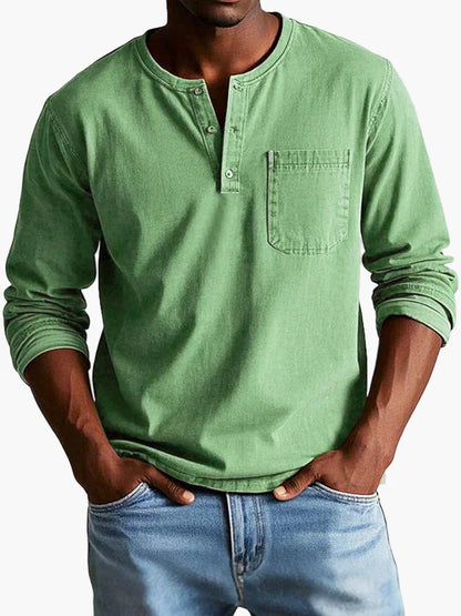 Men's Vintage Long Sleeve Henley Shirt Casual Classic Style