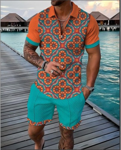 Men’s Casual Zip Polo & Shorts Set for Summer Outings