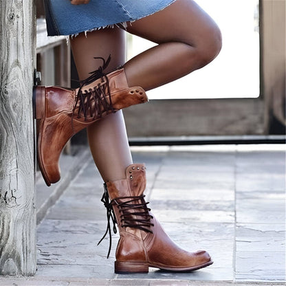 Women's Vintage Lace-Up Leather Boots with Studded Detail for Everyday Adventure