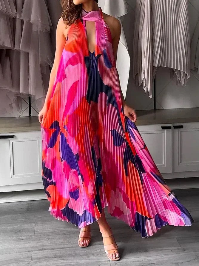 Women’s Halter Neck Pleated Maxi Dress – Bold Statement for Special Occasions