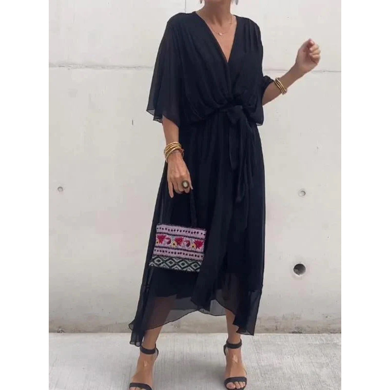 Women’s Elegant Wrap Midi Dress with Flowing Sleeves for Special Occasions