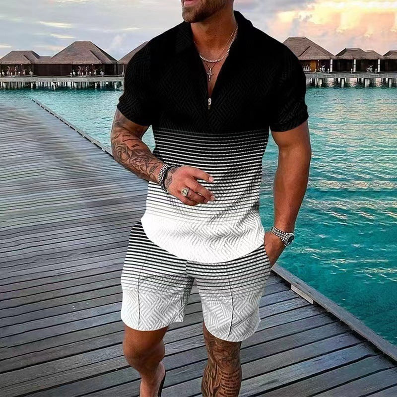 Men’s Casual Zip Polo & Shorts Set for Summer Outings