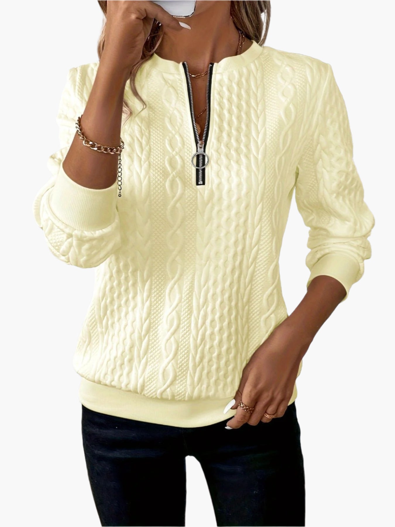 Women's Casual Cable Knit Sweater with Zipper – Elegant Pullover for Fall and Winter