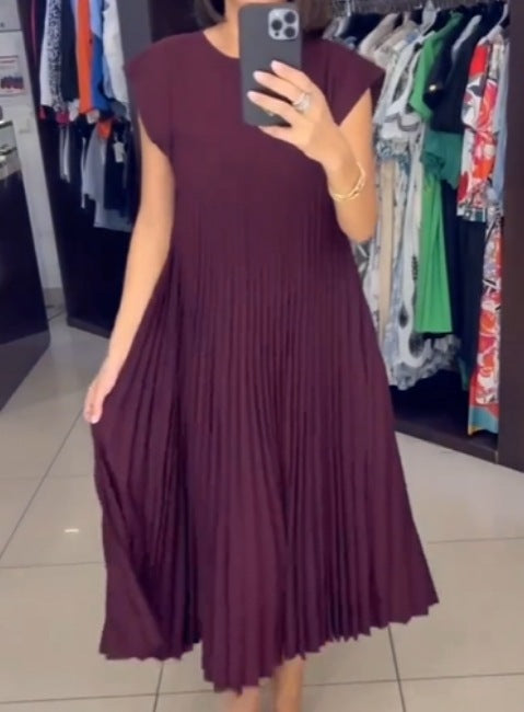 Emily – Short Sleeve Pleated Long Dress